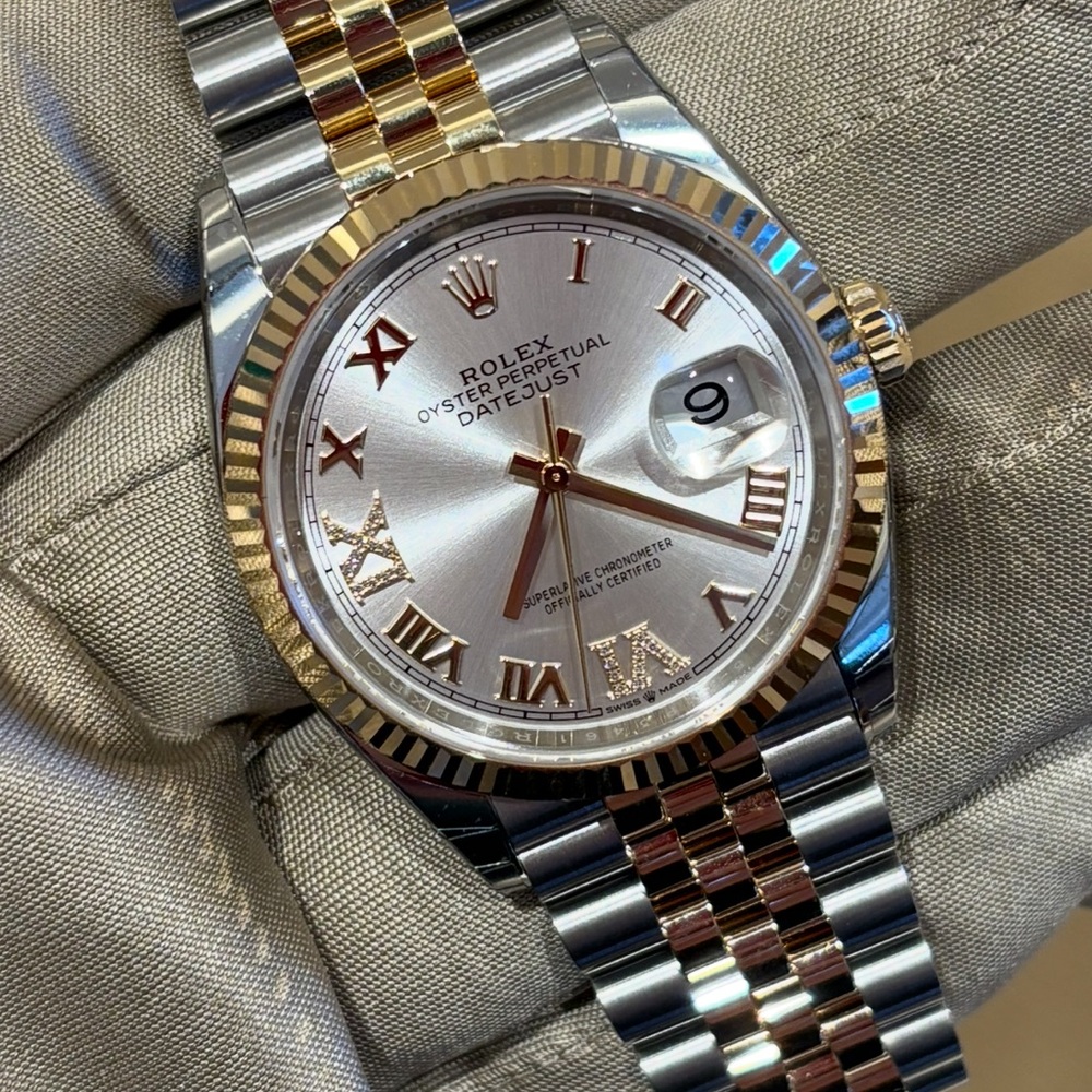 Rolex 2025 Datejust Silver and Gold Watch with Diamond Roman Numerals.